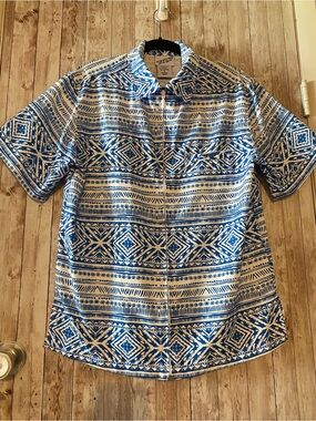 Irvine Park Vintage Men's Short-Sleeve Blue Patterned Zip Up Shirt Small Tiki